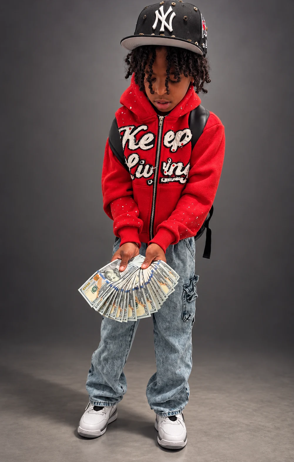 Big Mondo wearing a red KeepLiving hoodie and cap, holding a fan of cash